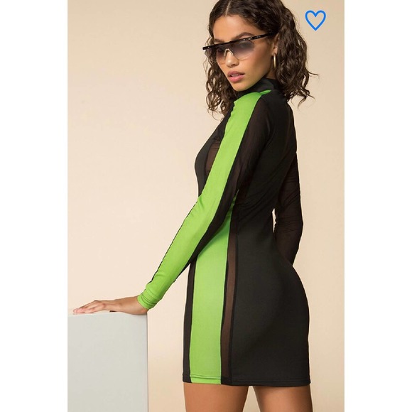 Superdown Mesh Long Sleeve 1/4 Zip Bodycon Mini Dress Black Green Womens Small - Picture 2 of 12